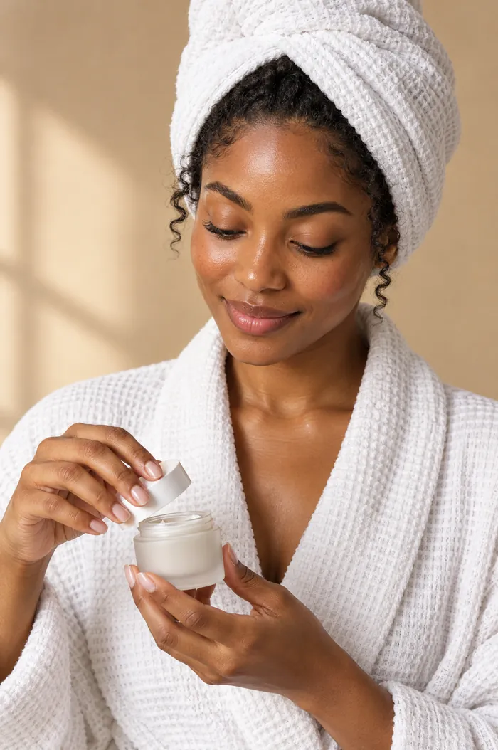 Client in a waffle robe opening a jar of moisturiser