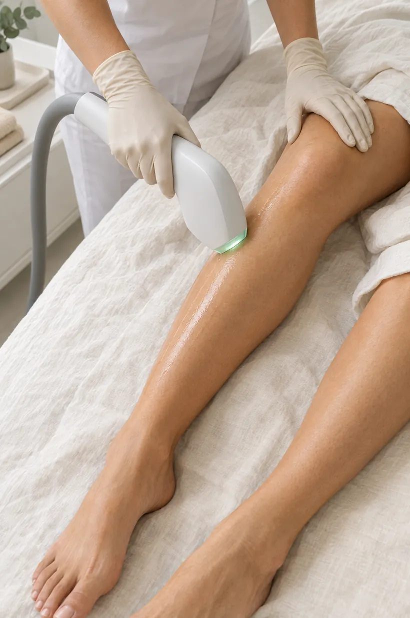 Laser hair removal on a client's leg with a cooled handpiece