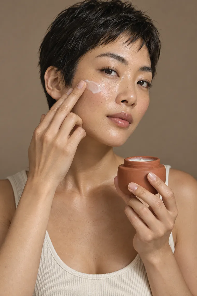 Client smoothing moisturiser onto her cheekbone